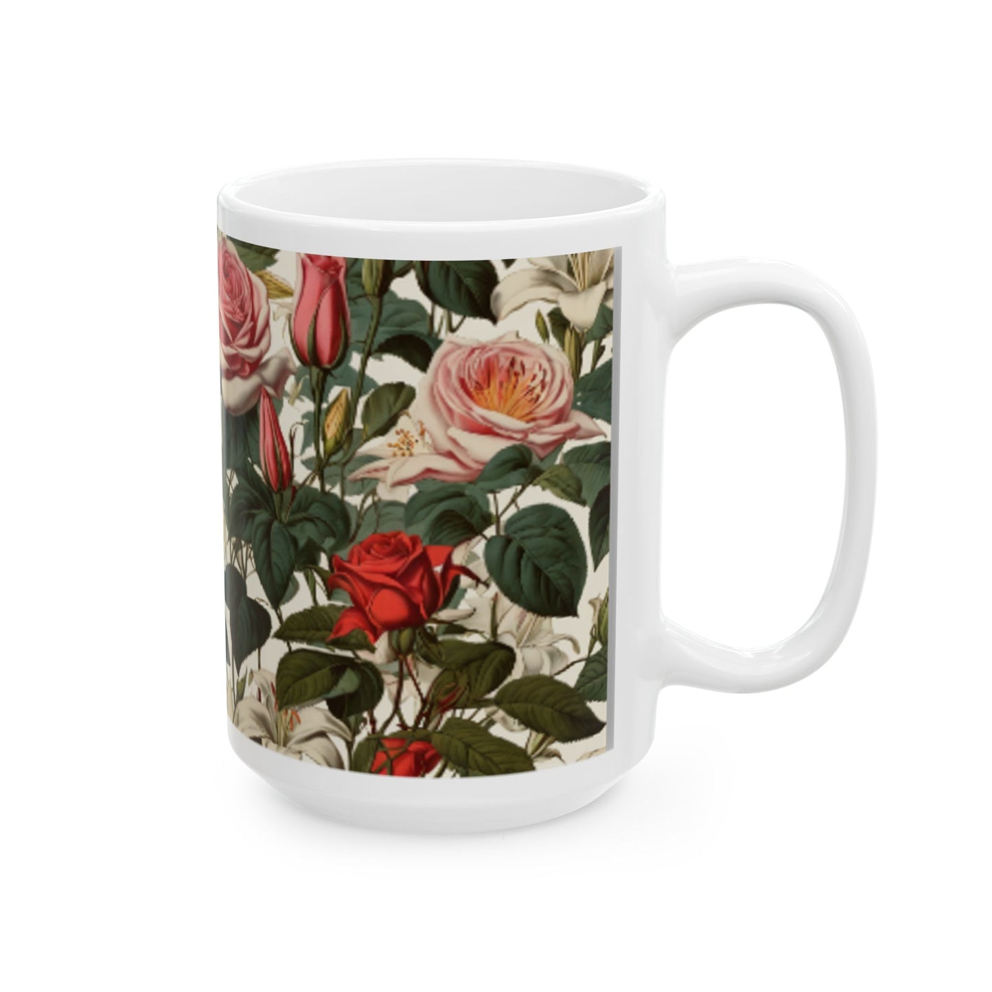 Vintage Botanical Illustration Ceramic Mug | 11oz/15oz Coffee Cup | Home & Living | Floral Rose and Lily Print Art Mug