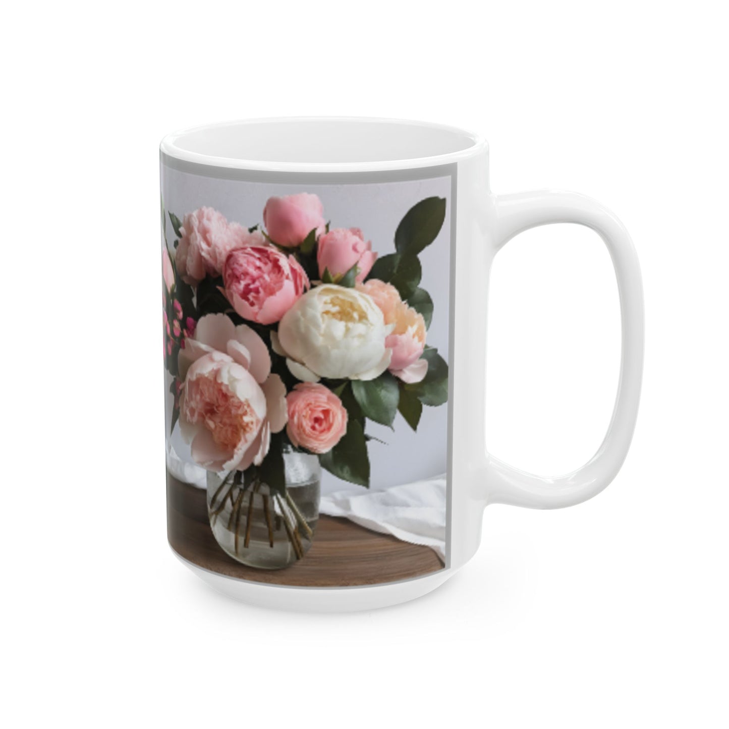 Romantic Roses and Peonies Bouquet Ceramic Mug - Coffee Mug 11oz/15oz, Perfect Romantic Gifts for Him & Her, Kitchen Decor