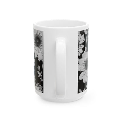 Monochrome Floral Silhouette Ceramic Mug 11oz/15oz - Color Pop Kitchen & Living Decor, Floral Print Coffee Cup