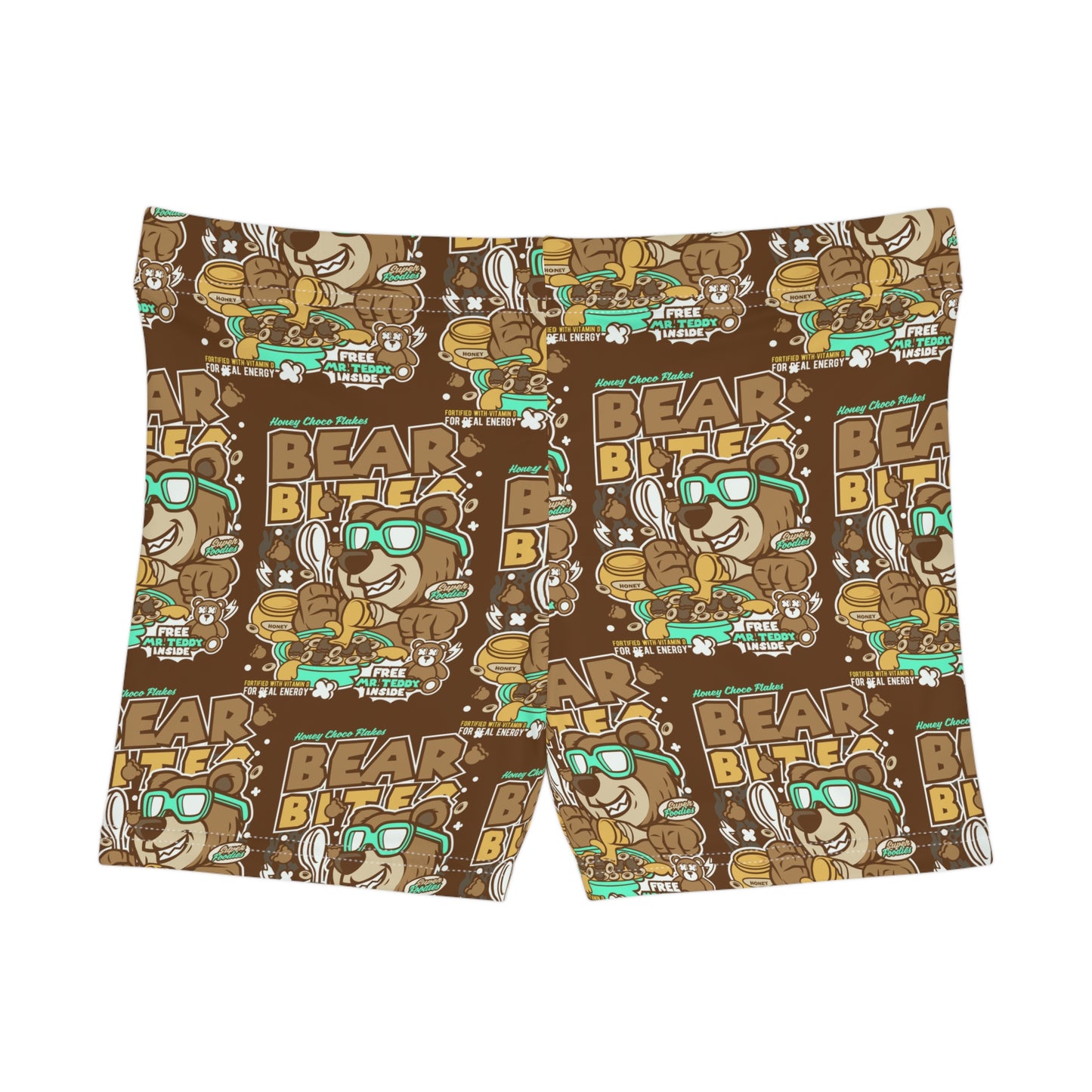 Playful Bear Bites Women's Spandex Shorts: Fun Cartoon Bear Design- Women's Shorts (AOP)