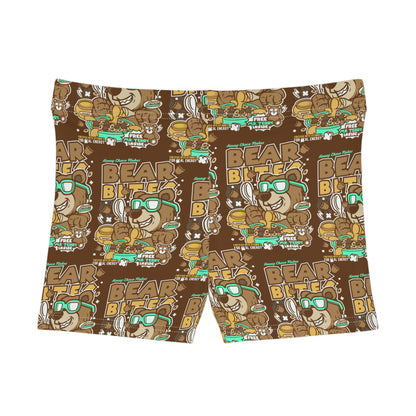 Playful Bear Bites Women's Spandex Shorts: Fun Cartoon Bear Design- Women's Shorts (AOP)