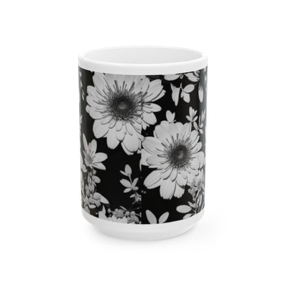 Monochrome Floral Silhouette Ceramic Mug 11oz/15oz - Color Pop Kitchen & Living Decor, Floral Print Coffee Cup