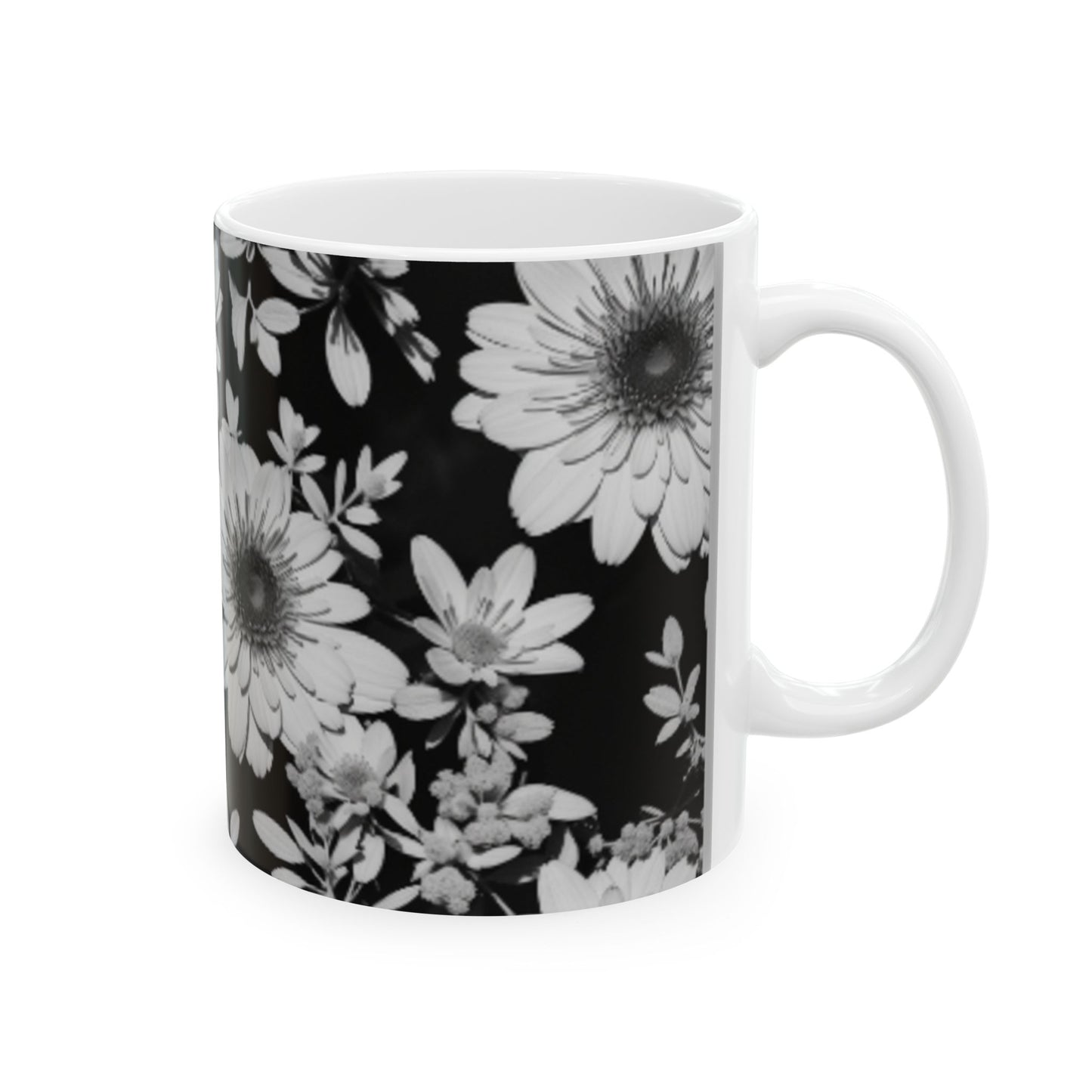 Monochrome Floral Silhouette Ceramic Mug 11oz/15oz - Color Pop Kitchen & Living Decor, Floral Print Coffee Cup