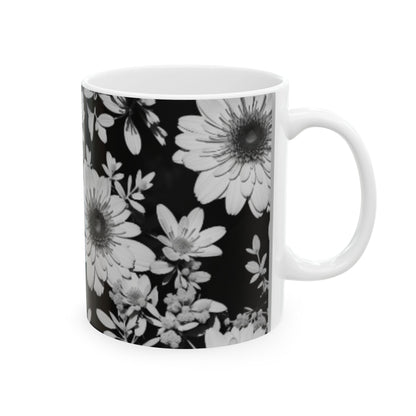Monochrome Floral Silhouette Ceramic Mug 11oz/15oz - Color Pop Kitchen & Living Decor, Floral Print Coffee Cup