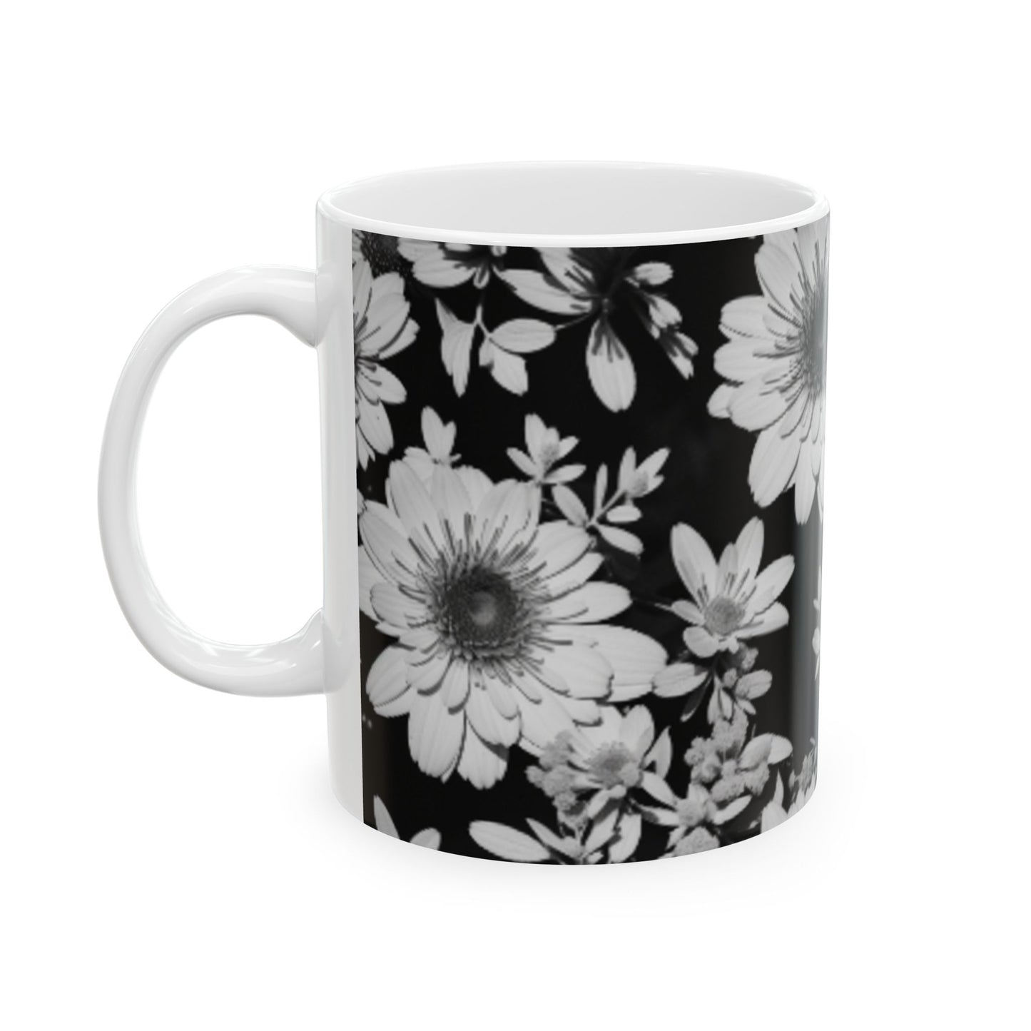 Monochrome Floral Silhouette Ceramic Mug 11oz/15oz - Color Pop Kitchen & Living Decor, Floral Print Coffee Cup
