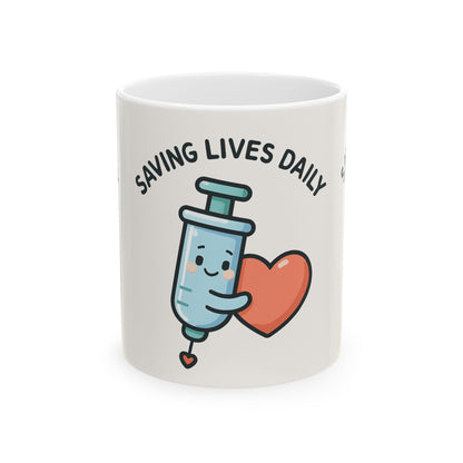 Cute Saving Lives Daily Mug for Healthcare Workers, Nurse Gift, Coffee Mug, Inspirational Cup, Vaccination Humor