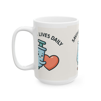 Cute Saving Lives Daily Mug for Healthcare Workers, Nurse Gift, Coffee Mug, Inspirational Cup, Vaccination Humor