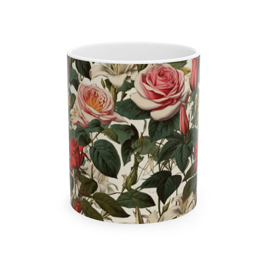 Vintage Botanical Illustration Ceramic Mug | 11oz/15oz Coffee Cup | Home & Living | Floral Rose and Lily Print Art Mug