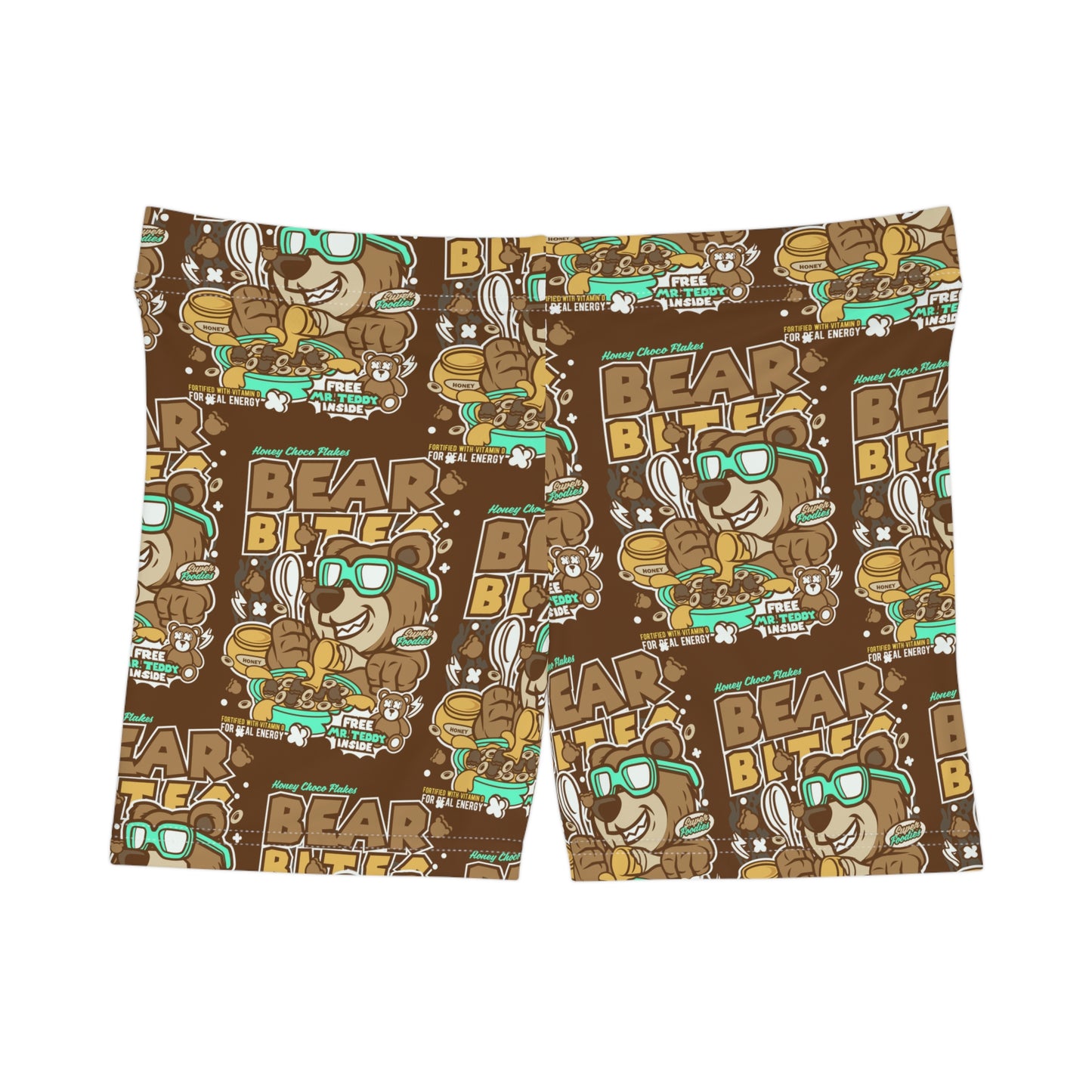 Playful Bear Bites Women's Spandex Shorts: Fun Cartoon Bear Design- Women's Shorts (AOP)