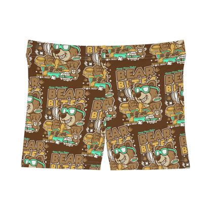 Playful Bear Bites Women's Spandex Shorts: Fun Cartoon Bear Design- Women's Shorts (AOP)