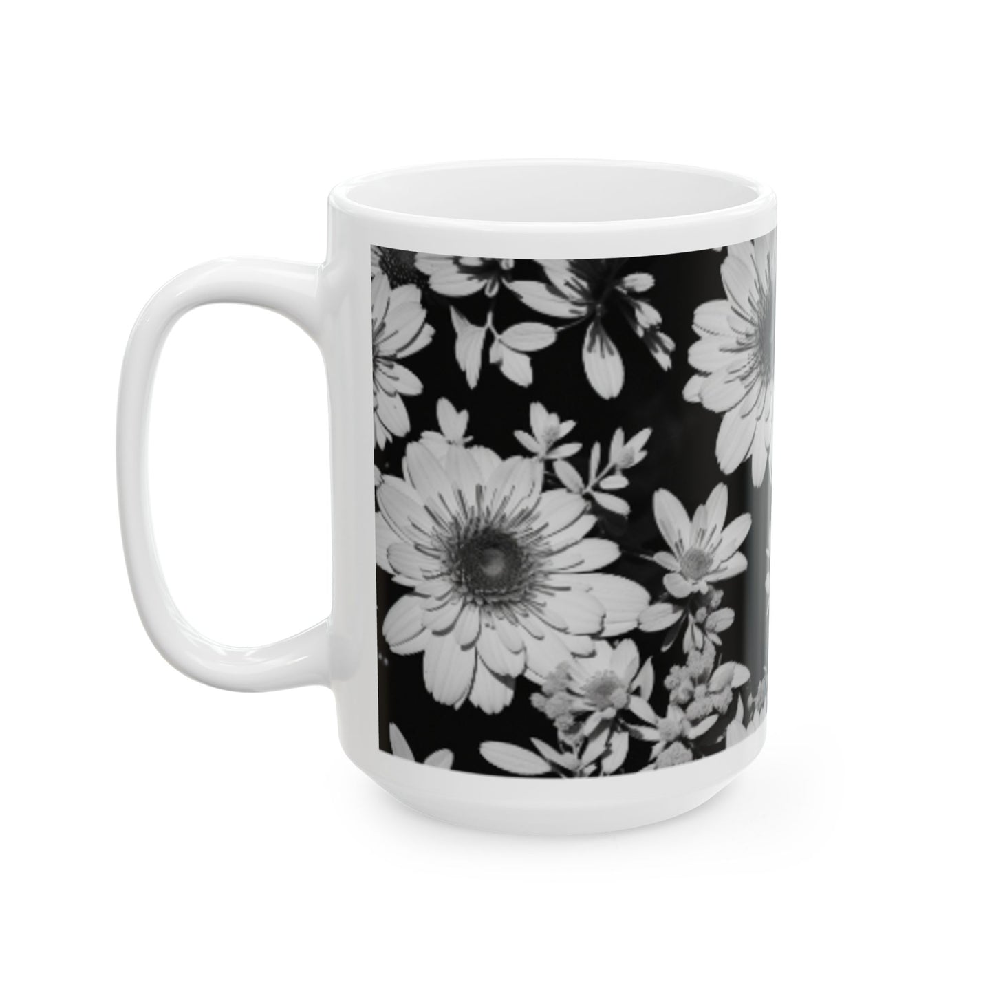 Monochrome Floral Silhouette Ceramic Mug 11oz/15oz - Color Pop Kitchen & Living Decor, Floral Print Coffee Cup