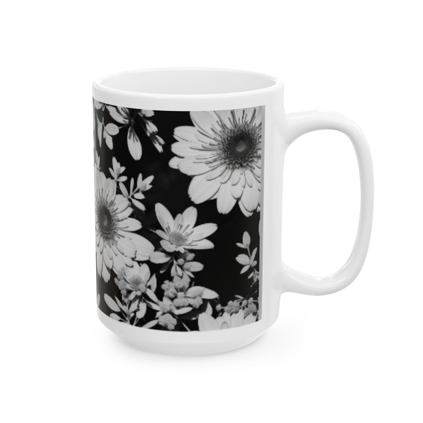 Monochrome Floral Silhouette Ceramic Mug 11oz/15oz - Color Pop Kitchen & Living Decor, Floral Print Coffee Cup