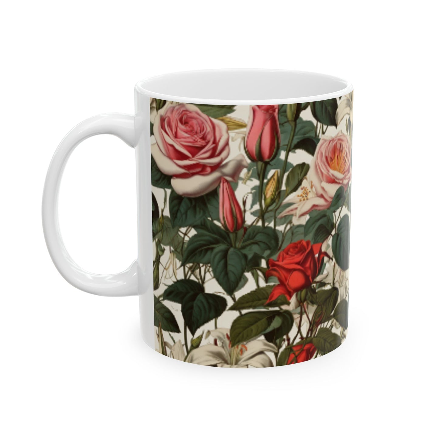 Vintage Botanical Illustration Ceramic Mug | 11oz/15oz Coffee Cup | Home & Living | Floral Rose and Lily Print Art Mug